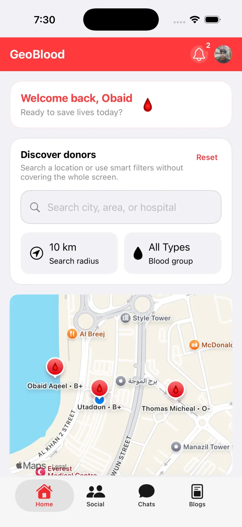 GeoBlood app home screen - find blood donors nearby