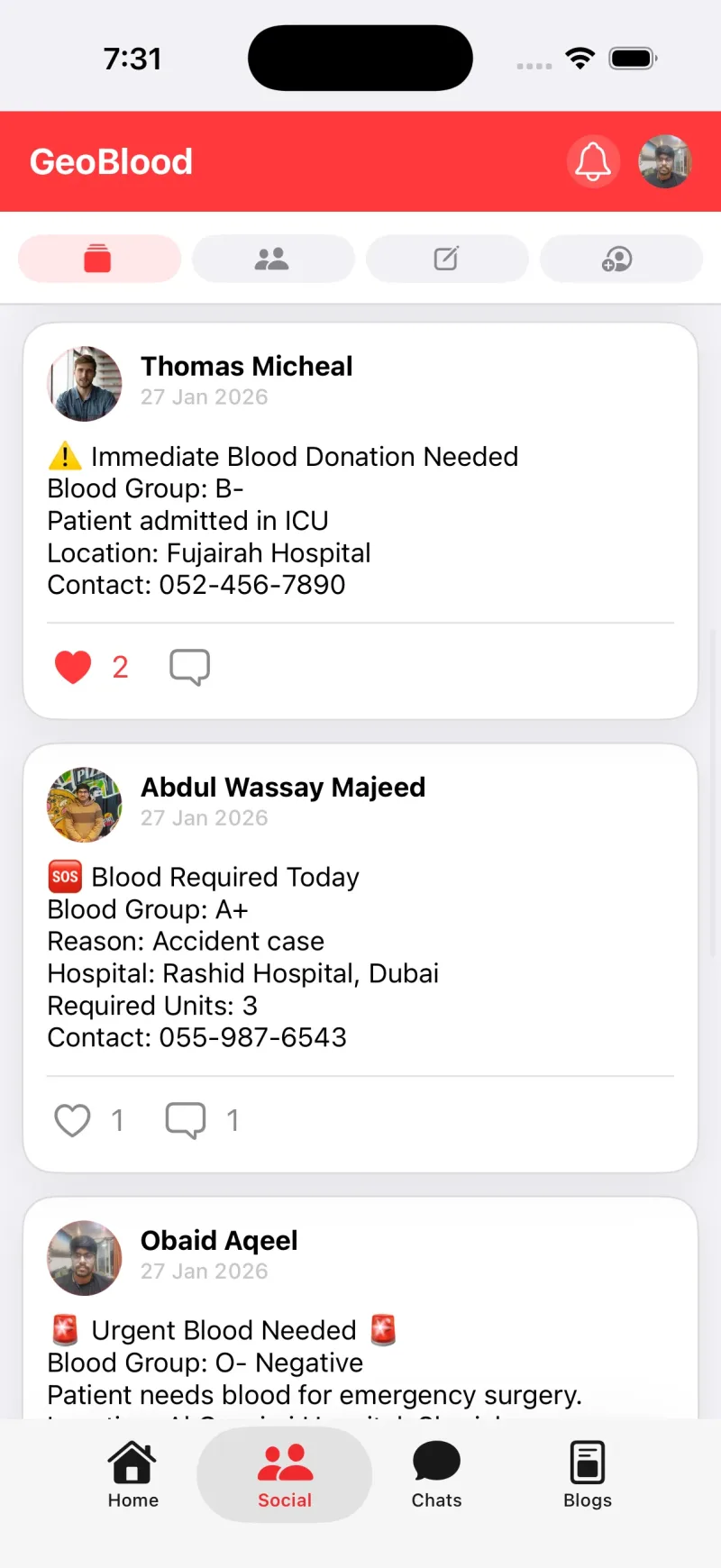 GeoBlood app donor profile with blood type verification
